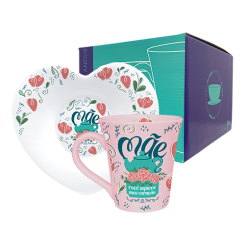 KIT CANECA TULIPA ROSA + PRATO CORAÇÃO - MÃE AQUECE