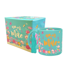 CANECA TURQUESA 330ML + POMPOM - AMOR DE MÃE